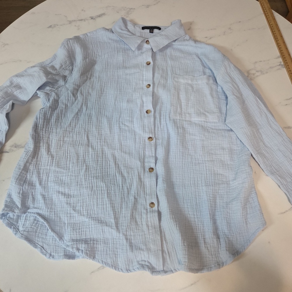 Adrienne Vittadini Women's 2X Light Blue Double Gauze Cotton Button Shirt Top
